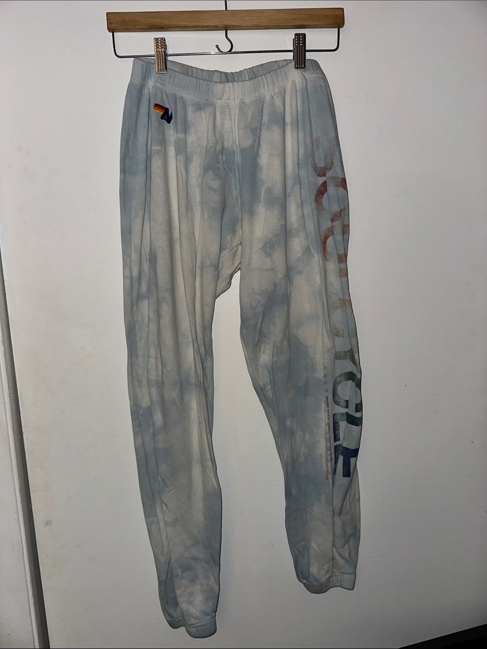 Aviator Nation Light Blue & White Tie-Dye Jogger Sweatpants with Rainbow Logo